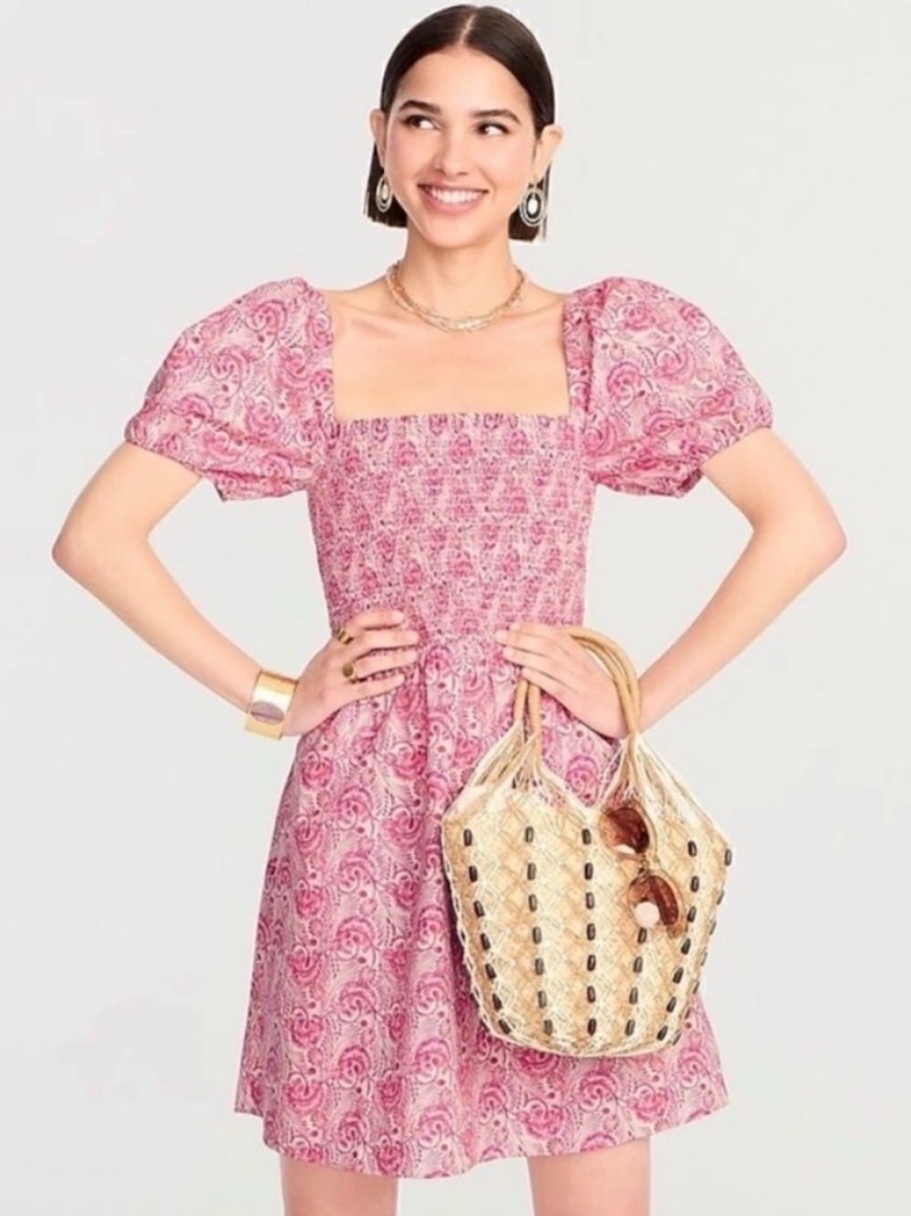J. Crew Pink Puff-sleeve smocked mini dress in dandelion swirl XXS 🌷